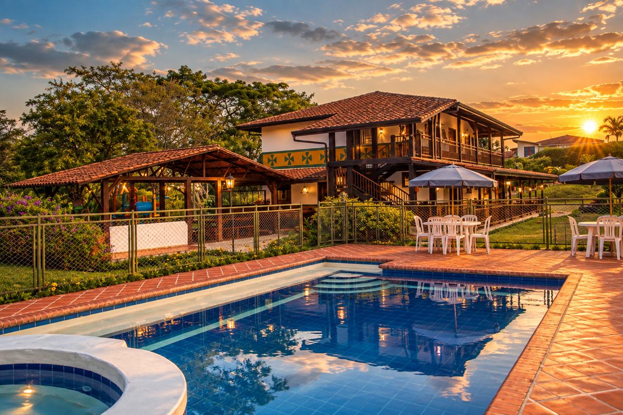 Piscina y jacuzzi de Casa Heliconia al atardecer