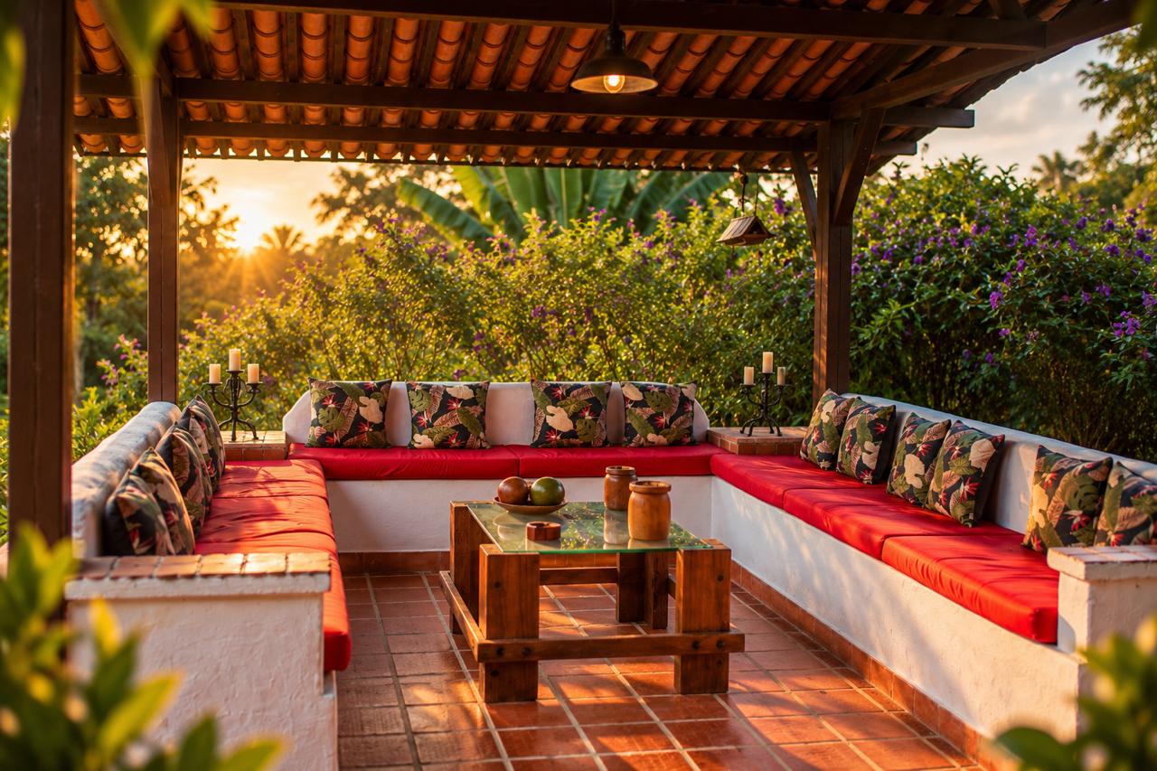 Kiosco con sofás y vista al jardín
